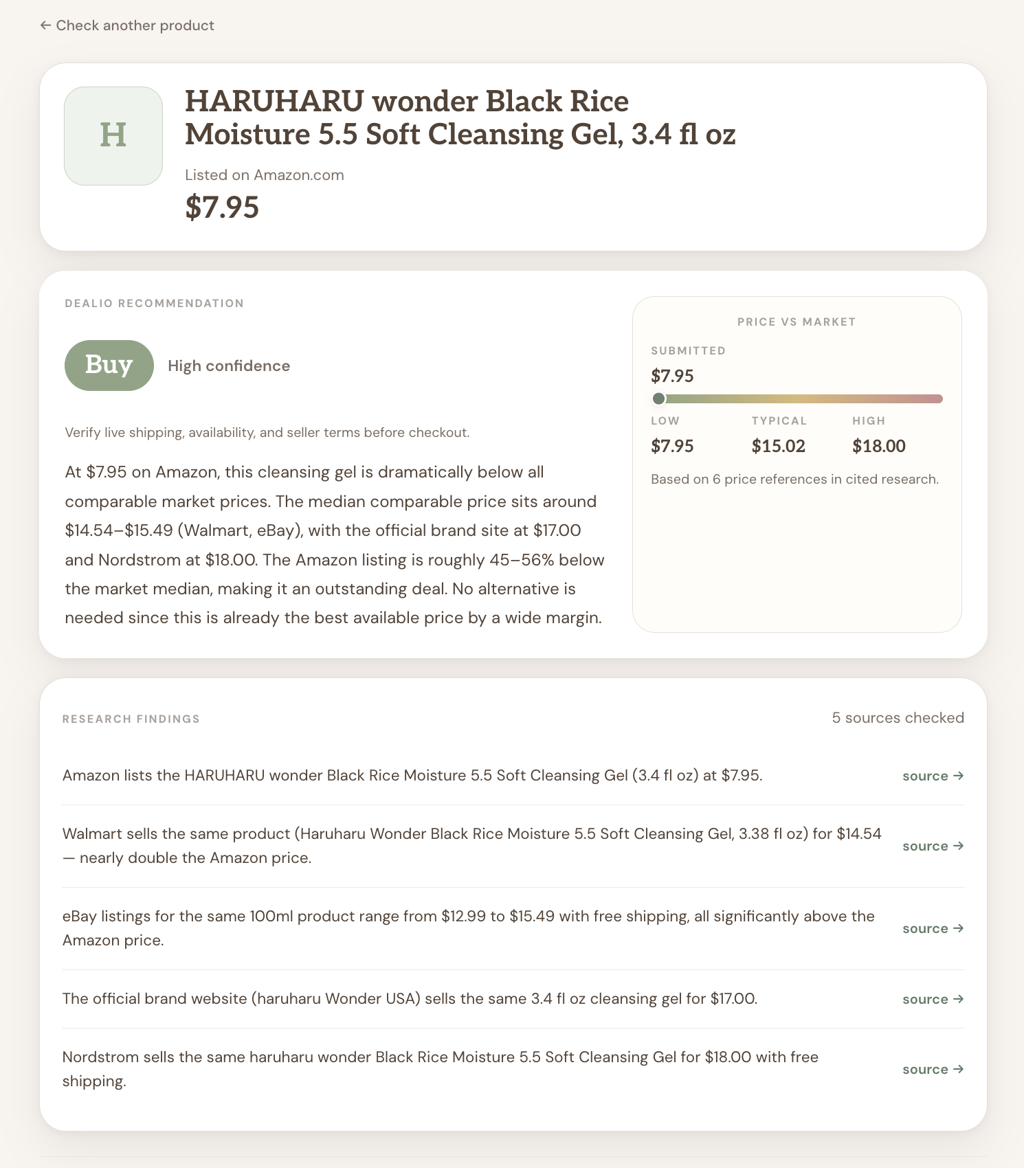 Example Dealio result showing a product priced well below market