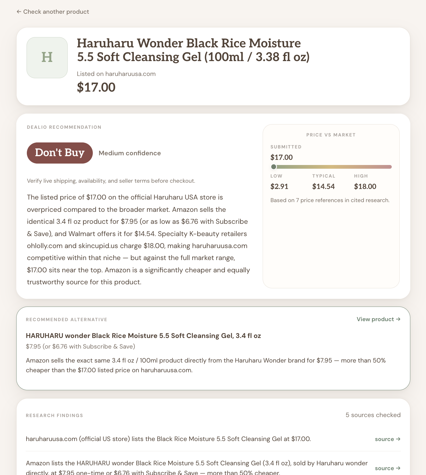 Example Dealio result showing a don't-buy recommendation with a recommended alternative